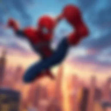 Insomniac's Peter Parker Illustration of Insomniac's version of Peter Parker swinging through a city skyline, showcasing his unique style and personality.