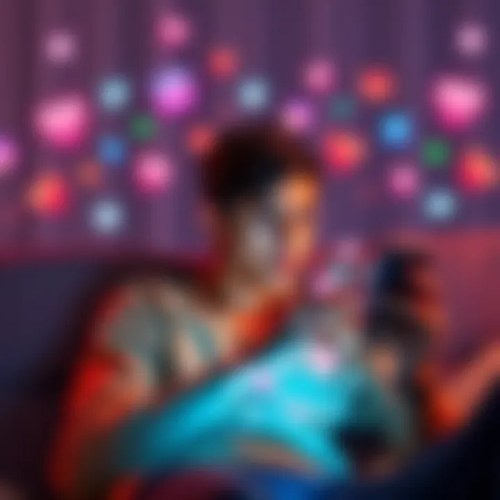 A young person sitting on a couch, looking at their phone with a concerned expression while scrolling through Instagram, surrounded by social media icons