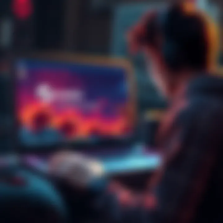 A gamer with a laptop showing the Hades installation screen on Steam