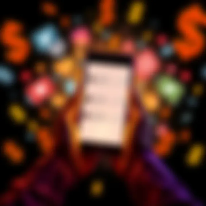 A person holding a smartphone with notifications for instant rewards, symbolizing quick gratification, surrounded by social media icons and dollar signs.
