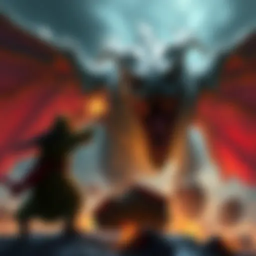 Int-Based Character Fighting a Monster An int-based character, clad in robes, casting a spell while facing a large dragon, emphasizing single target combat strategies.