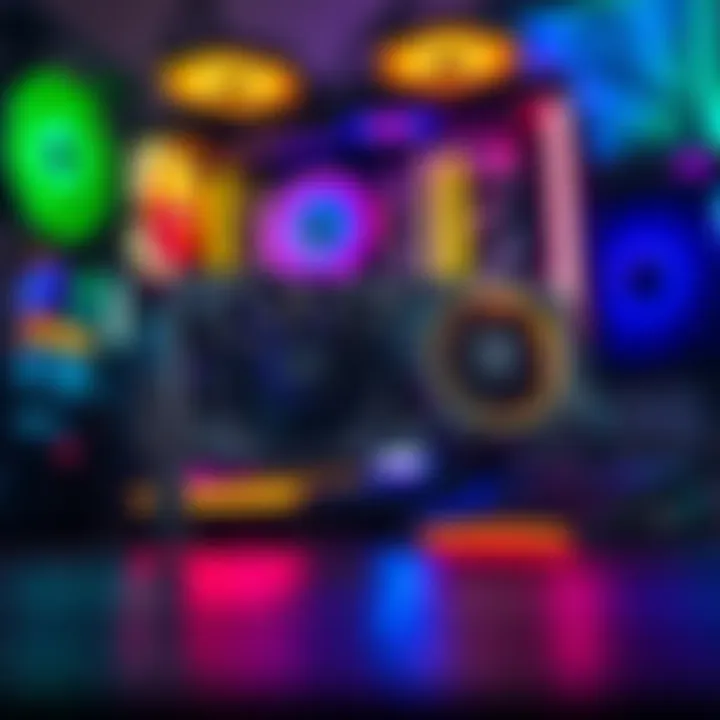 Close-up of the Intel Arc B570 graphics card set against a gaming PC background, showcasing its design and cooling features.
