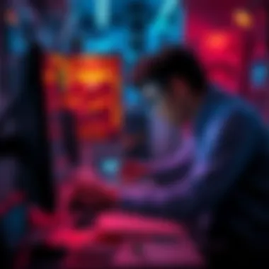 A person working on a computer with an Intel Ultra Core system, looking frustrated due to crashing issues. Tools and guides are scattered around.