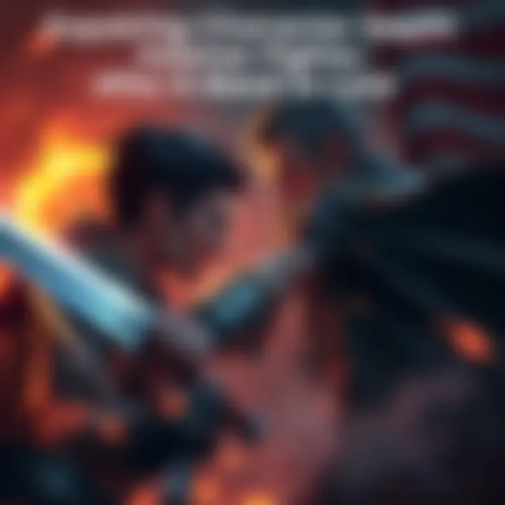 A dramatic fight between two characters, showcasing their emotions and struggles, with a background reflecting the aftermath of battle.