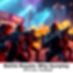 A group of players engaged in a fierce gun battle in a colorful battle royale environment, showcasing various weapons and tactical movements.