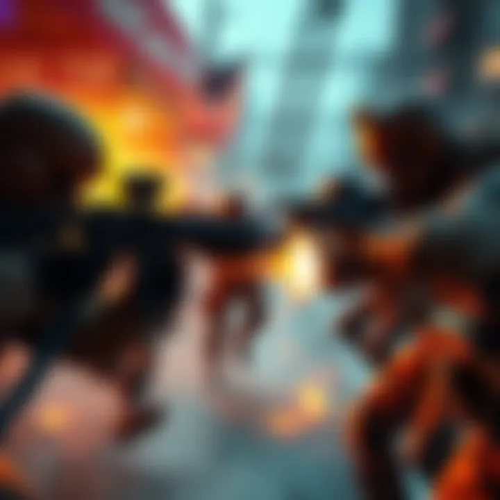 A scene depicting a fast-paced gunfight in a shooter game, showcasing realistic weapons and players in combat, emphasizing quick time-to-kill mechanics.