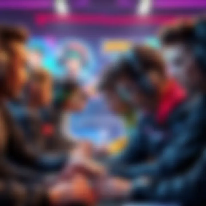 A group of gamers engaged in a fierce PVP match, showing focused expressions and ready stances, with colorful game graphics in the background.