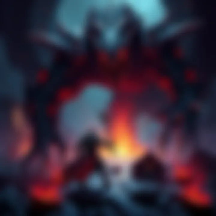 Intense Boss Fight Scene A warrior character facing a giant, menacing creature in a dark, atmospheric environment with detailed level design and dynamic combat action