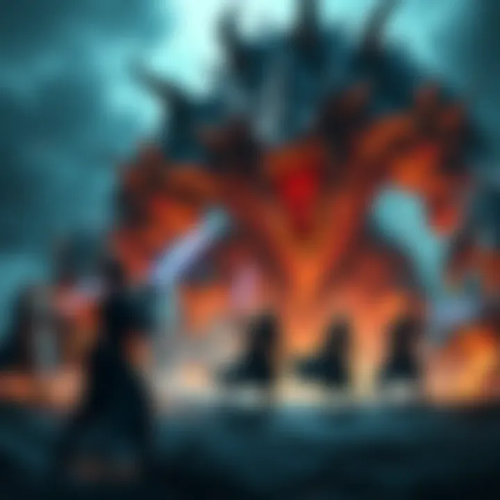 A group of players engaged in a fierce battle against a giant boss in a fantasy game setting, with colorful visual effects and dramatic lighting.