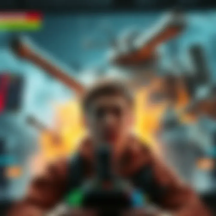 A gamer looks frustrated while battling a large tank boss in a video game, with on-screen health bars and action graphics visible.