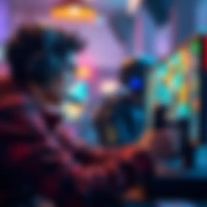 A player intensely focused on their screen, competing against a well-equipped opponent in a vibrant gaming environment, showcasing skill and strategy during a PvP match.