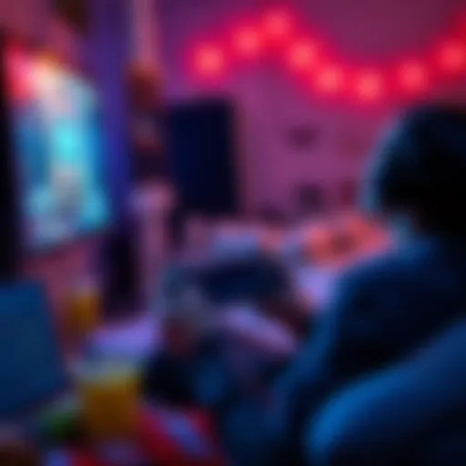 A gamer focused on the screen with a controller in hands, surrounded by snacks and drinks after a long workday
