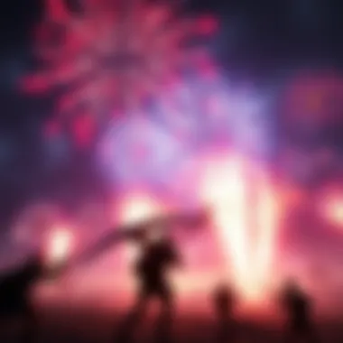 A vibrant display of Inter-Rathian Ballistic Fireworks lighting up the sky in Monster Hunter World, with hunters engaging in explosive battles below.