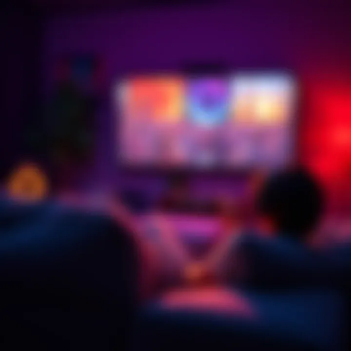 A person sitting on a couch with a game controller, watching an interactive movie on a screen, making choices in the game