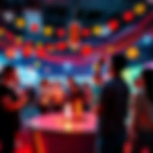 Interactive rotation event Participants engaging in a fun interactive rotation activity with colorful decorations and excitement in the air