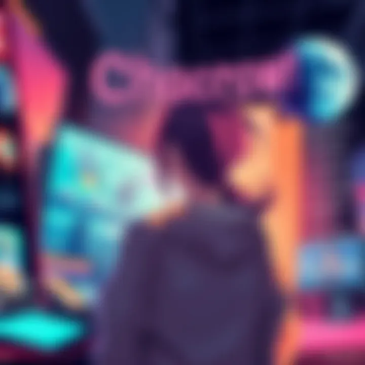 A character making a choice in an interactive visual novel, surrounded by colorful backgrounds and text options.