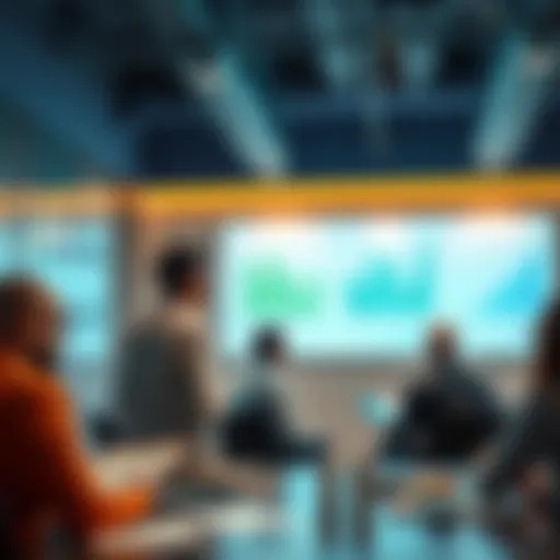 Group of people discussing feedback in a meeting room with charts and notes