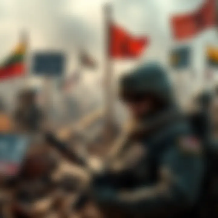 International Law Violation A soldier in a conflict zone surrounded by signs of war, questioning the impact of actions on global ethics and justice.