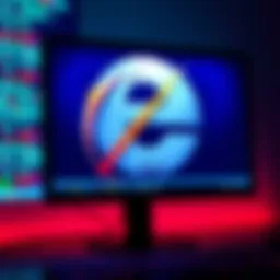 Old Internet Explorer logo on a computer screen A computer screen displaying the outdated Internet Explorer logo, symbolizing the decline of the browser.