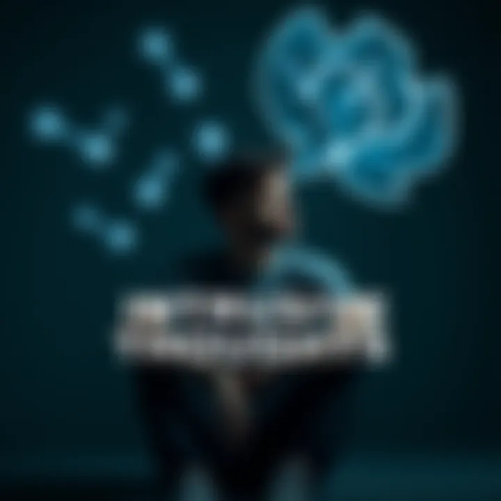 A person sitting alone with a contemplative expression, surrounded by swirling thought bubbles, depicting intrusive thoughts. They appear deep in thought, representing the struggle with mental health.