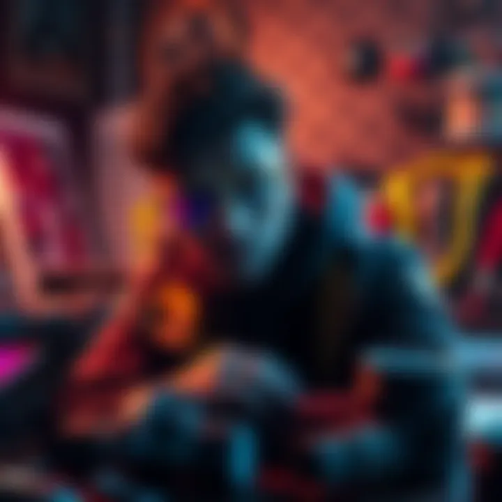 A character contemplating the use of SHD points for printer filaments, surrounded by various exotic gear pieces and crafting materials.