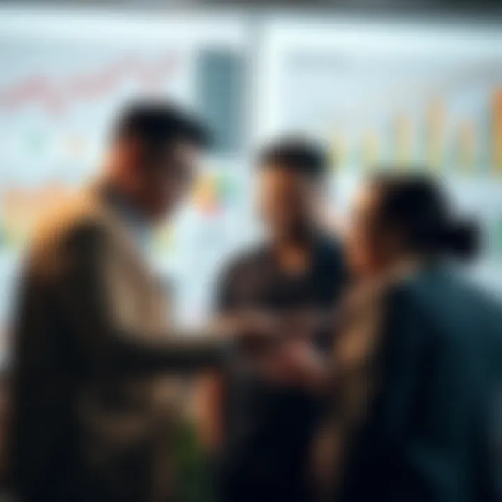 A diverse group of people discussing investment opportunities with charts and graphs in the background