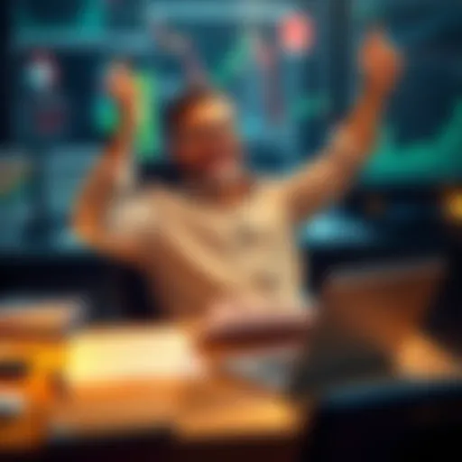 A happy individual sitting at a desk with financial charts and documents, celebrating a successful investment amid a challenging market.
