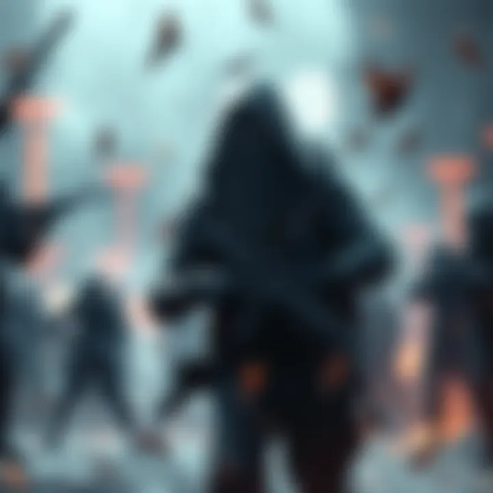 Invisible character in a combat scene A character using invisibility in battle, blending into the background while opponents remain unaware, focusing on environmental sounds and tactics.