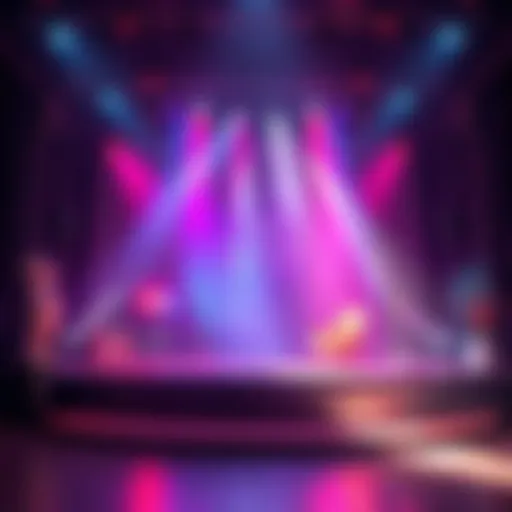 A vibrant stage set for the Invisible Opera featuring colorful lights and abstract props, representing a creative world of performance.