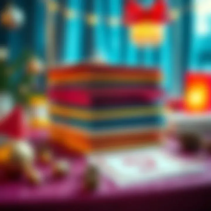 Colorful invitations for an exciting event stacked on a table, surrounded by festive decorations.