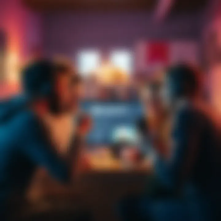 A group of friends excitedly discussing their upcoming gaming playtest event on Steam, with a computer showing the event details in the background.