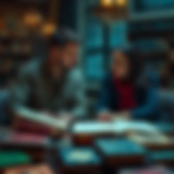 A couple discussing over a table filled with Dungeons & Dragons books, focused on translating an IQ score into an intelligence score