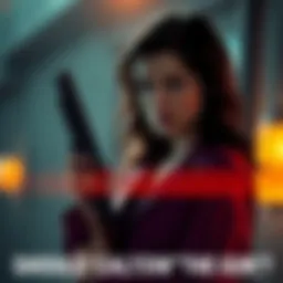 Irene stands with a gun in her hand, contemplating her choices, with a serious expression on her face.