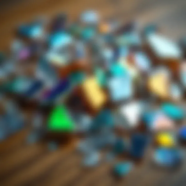 A close-up view of a small collection of colorful iridescent shards displayed on a wooden surface.