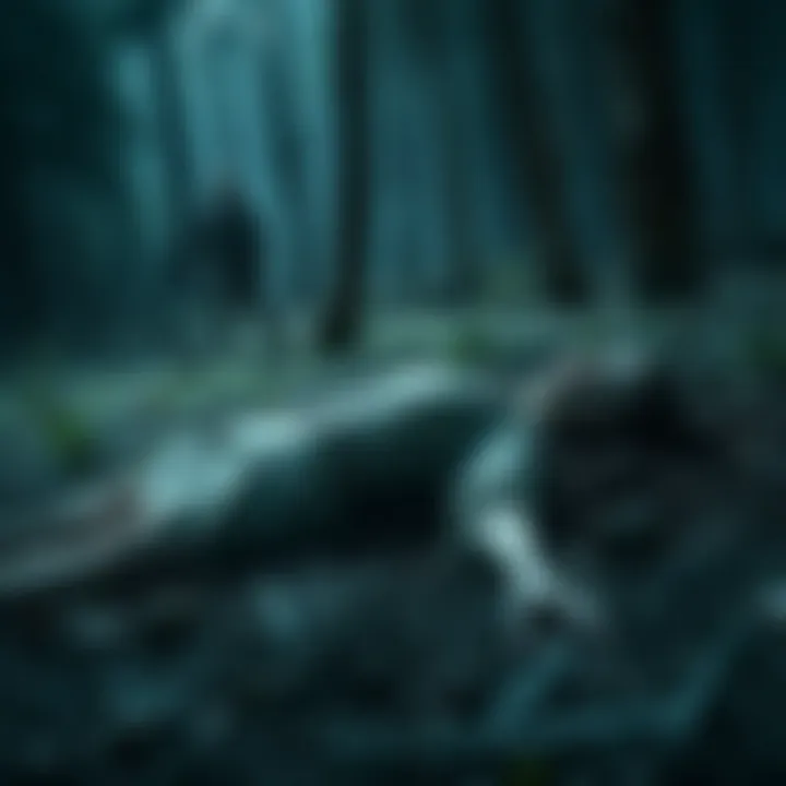 A scene showing Irina's lifeless body laying on the ground, with a shocked character standing nearby, in a darkened forest setting.