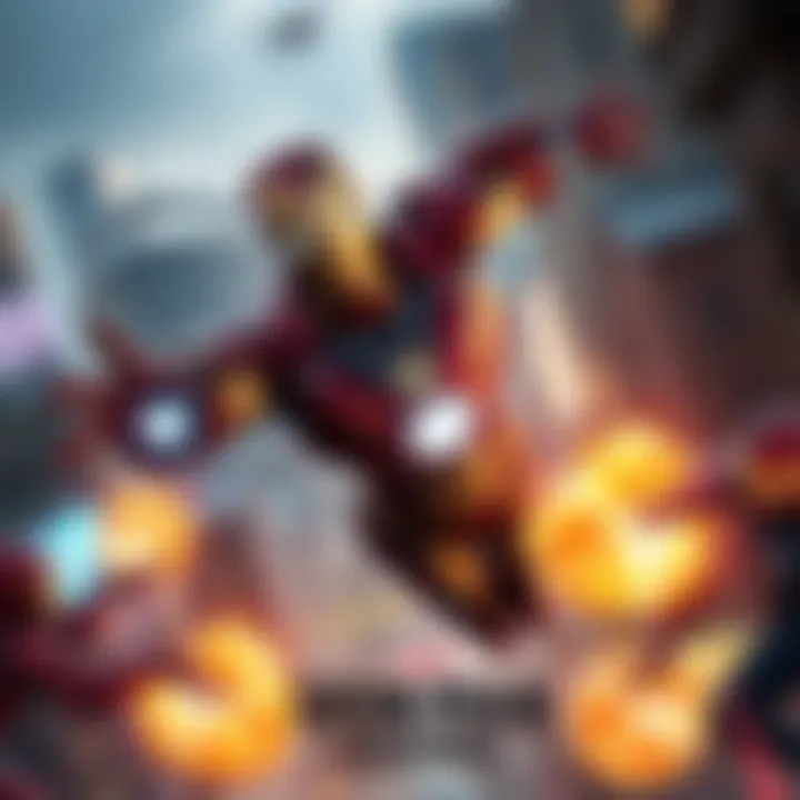 A screenshot of gameplay from the 2008 Iron Man video game, showing Iron Man in flight mode battling enemies in a city setting.