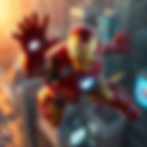 Iron Man flying through a vibrant cityscape in fast-paced action
