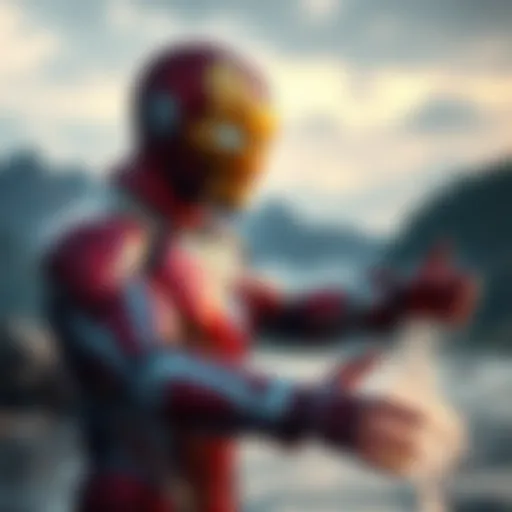 Ironman practicing waterbending techniques by a lake, using technology to control water with his suit.