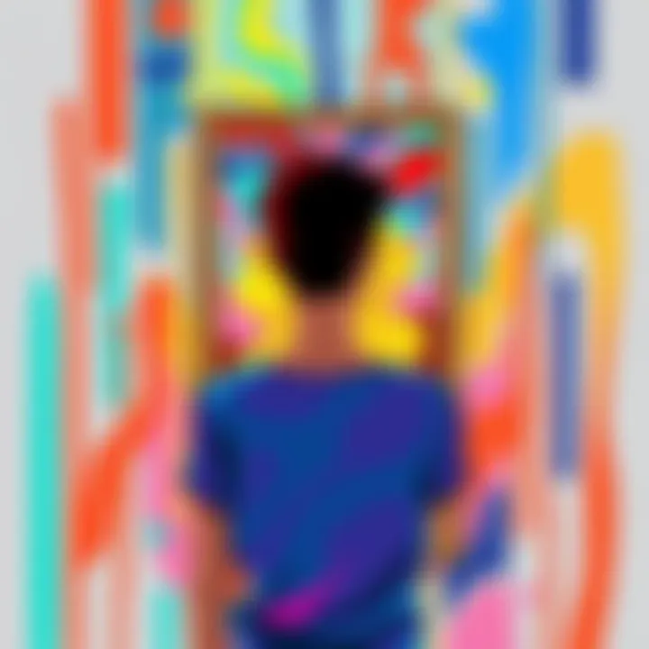 Artwork titled 'Is that me?' A colorful digital illustration showing a figure looking at their reflection in a mirror, surrounded by abstract shapes and colors representing identity exploration.