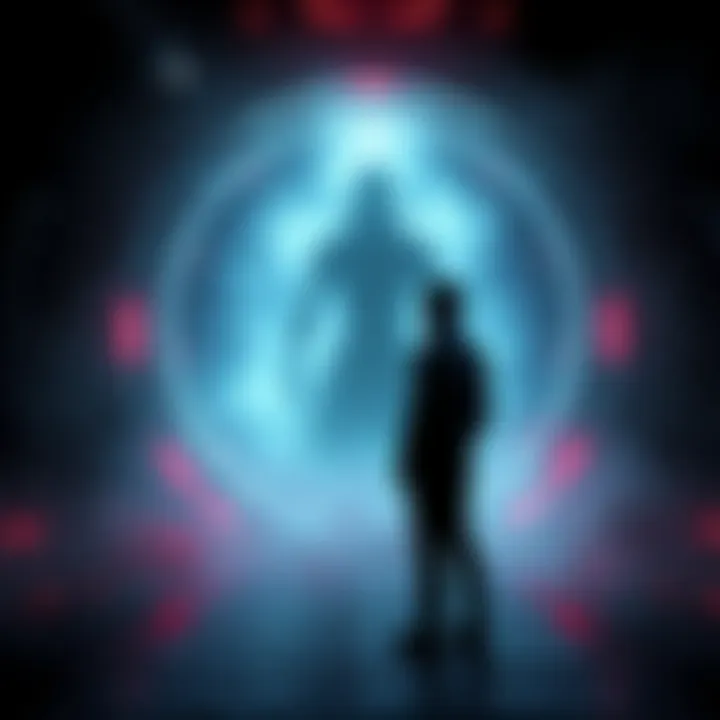 Isaac Clarke facing a vision of Elizabeth Cross Isaac Clarke stands in a dark space, seeing the ghostly figure of Elizabeth Cross as the Marker glows ominously in the background.