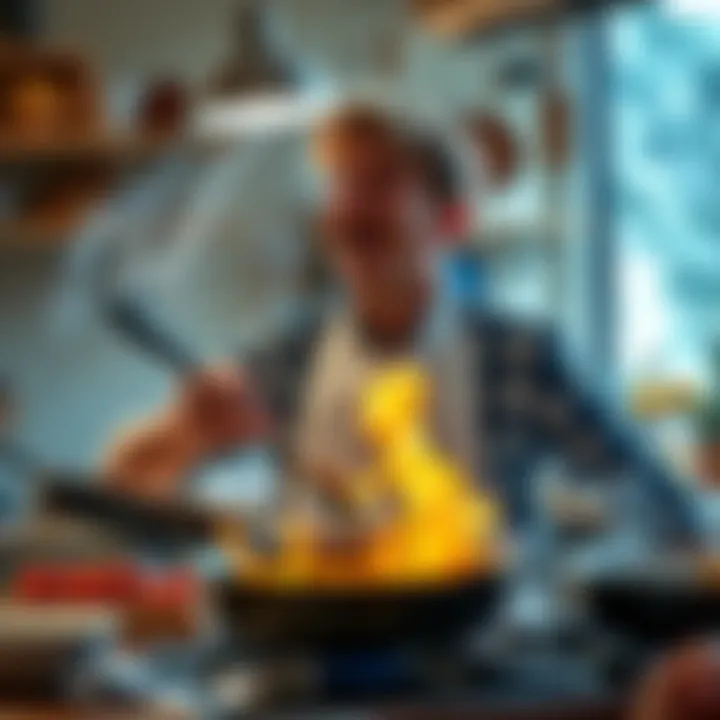 Isaac enthusiastically cooking with frying pans, showcasing his love for cooking in the kitchen