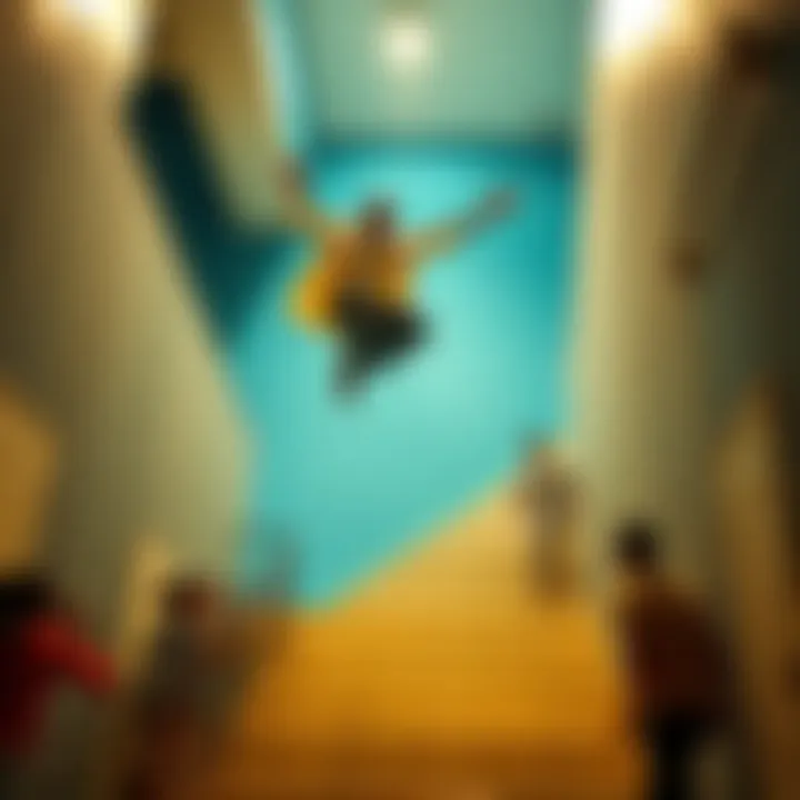 YouTuber IShowSpeed in mid-air jumping from a staircase to a lower floor in Liberia, with surprised fans watching.