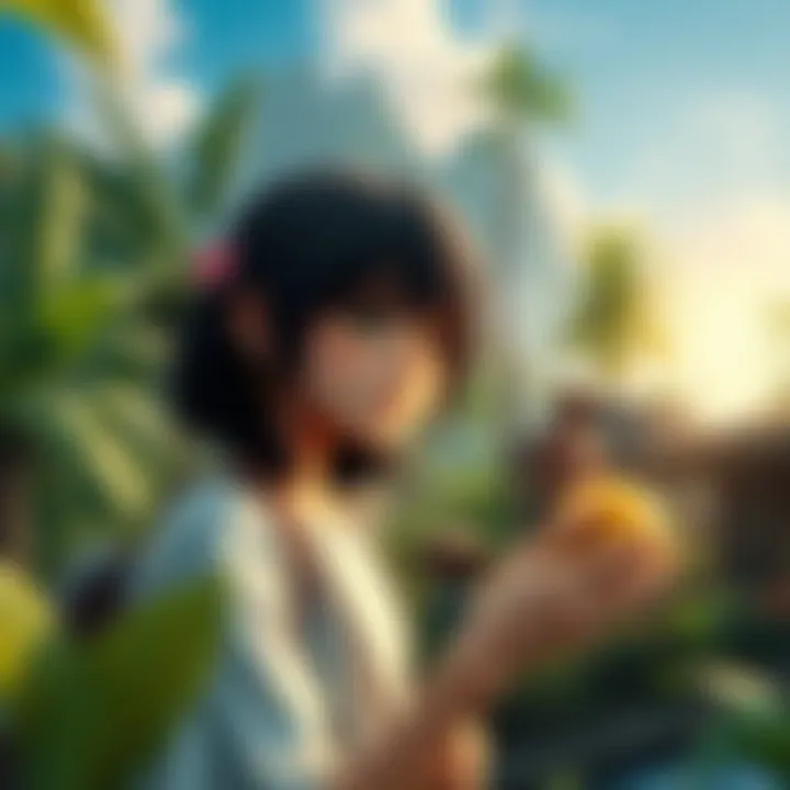 A black-haired girl exploring a lush tropical island with old village residents, gathering fruits and materials.