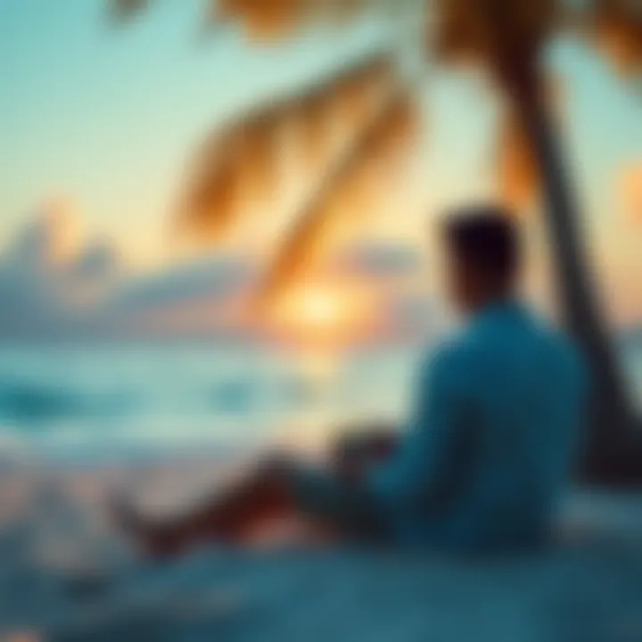 A person sitting on the sand playing a handheld video game console under a palm tree, with the sea in the background
