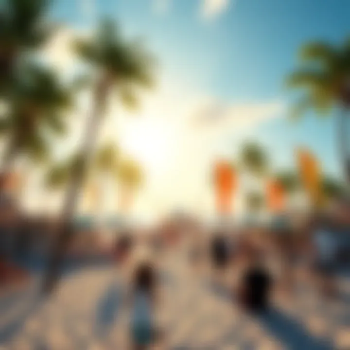A vibrant beach scene showing people enjoying the newly opened island with clear skies and palm trees.