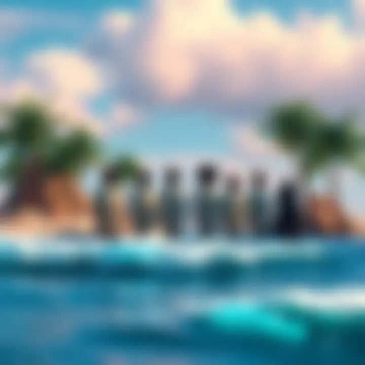 Island with Loopers A colorful island scene featuring characters with blank expressions, representing loopers with reset memories. The setting includes tropical trees and waves.