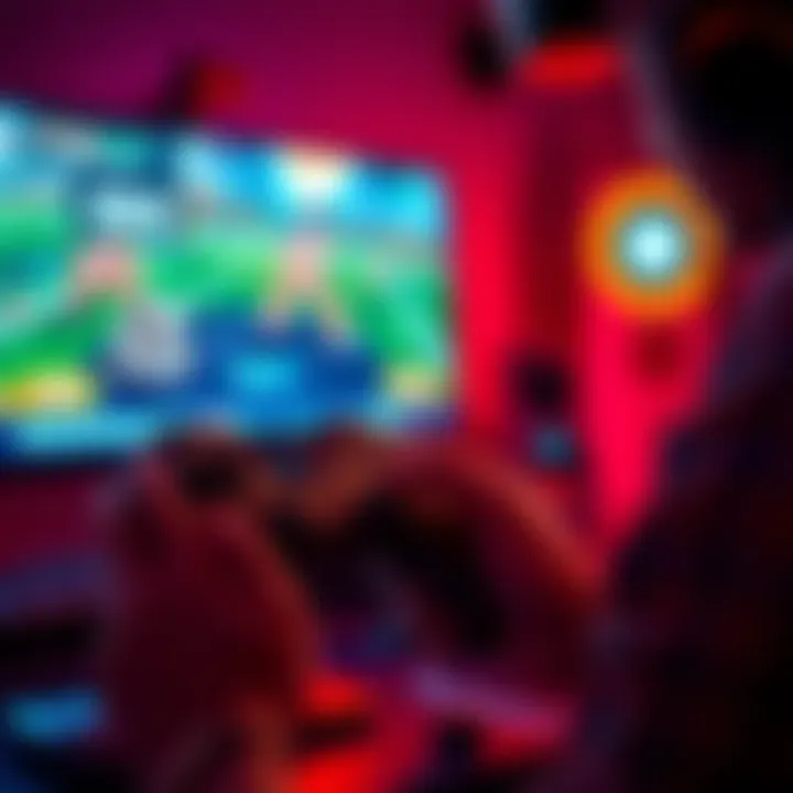 A gamer adjusting settings on a video game controller, focused on parameters like ISO, with a console screen in the background displaying vibrant game graphics.