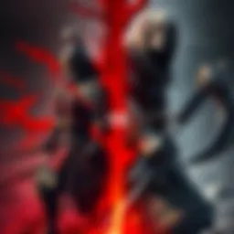 A split image featuring Isshin on one side, dressed in traditional armor with a katana, and Gael on the other, clad in tattered attire with a large scythe, both ready for battle in a dramatic scene.