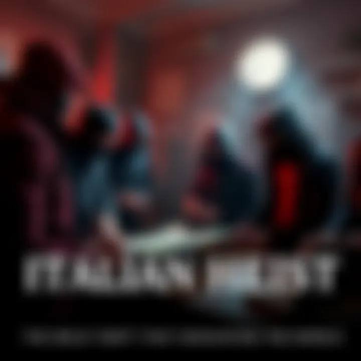 A group of thieves examining a building map and discussing their plan in a dimly lit room