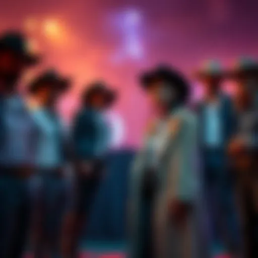 A stylish scene showcasing modern fashion influenced by Italian western films, featuring cowboy hats, boots, and contemporary outfits against a cinematic backdrop.